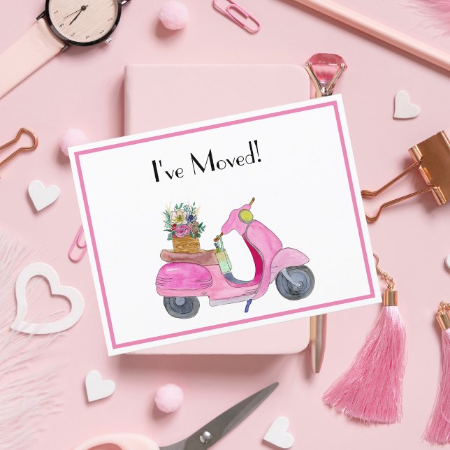 Postal De Anuncios ¡Me he mudado! Scooter acuático rosa con flores (Subido por el creador)