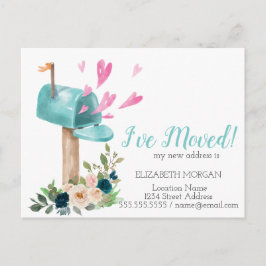 Postal De Anuncios Me he mudado, Watercolor Buzón Flores Corazones