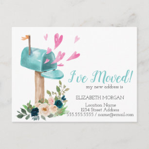 Postal De Anuncios Me Mudé, Aquarela Flores Buzón Corazones
