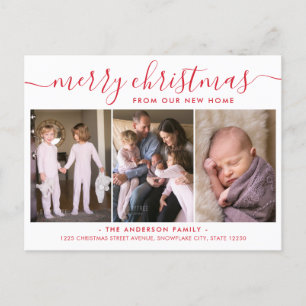 Postal De Anuncios Merry Christmas Rojo Mínimo 3 Fotos Navideñas en M