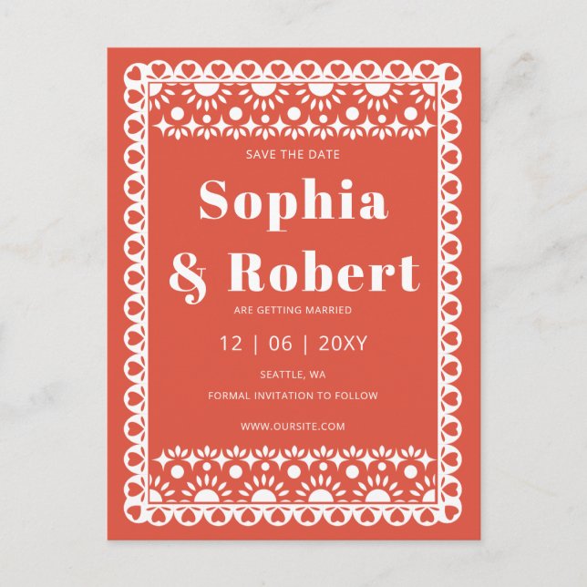 Postal De Anuncios Mexican Fiesta Rojo Papel Picado Save the Date (Anverso)