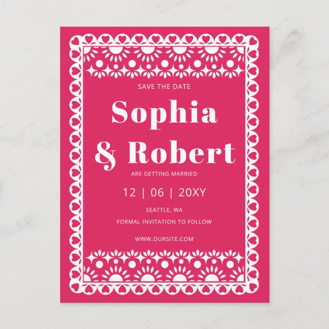 Postal De Anuncios Mexican Fiesta Rosa Papel Picado Save the Date (Anverso)