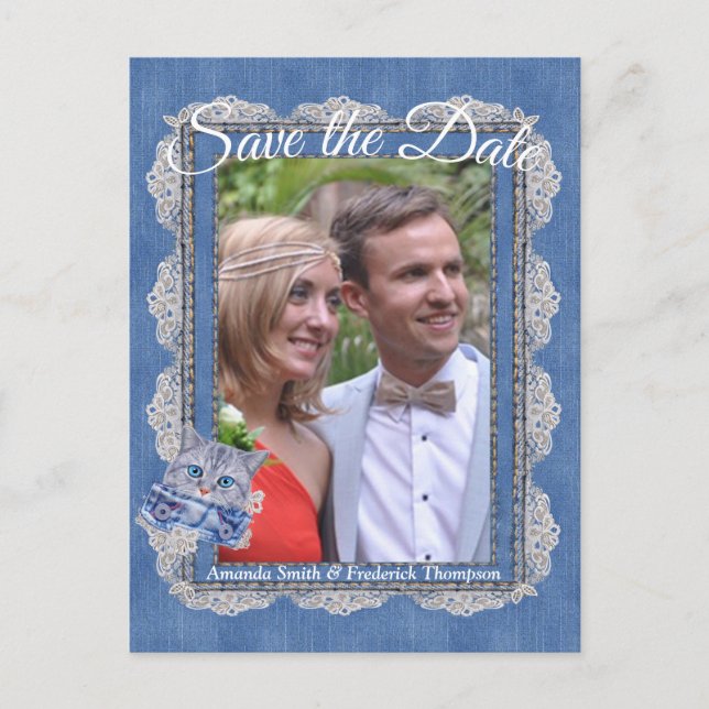 Postal De Anuncios Mezclilla con encaje de flores de crema y un gatit (Anverso)