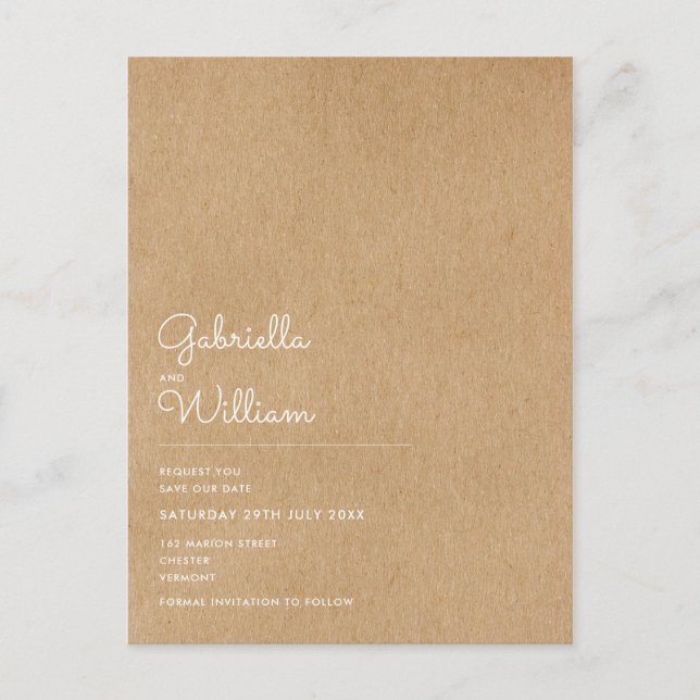 Postal De Anuncios Minimal Script Rústico Kraft Save the Date (Anverso)