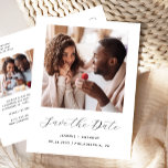 Postal De Anuncios Mínimo de 2 fotos en blanco y negro Guardar la fec<br><div class="desc">Esta simple y minimalista postal Save the Date muestra una foto cuadrada encima de las palabras "Save the Date" en un elegante guión de escritura a mano en negro, seguido por los nombres de la pareja, la fecha boda y la ciudad en letra sans serif en un fondo blanco. Añada...</div>