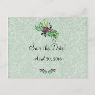Postal De Anuncios Mint Green Damask Save the Date Postcard