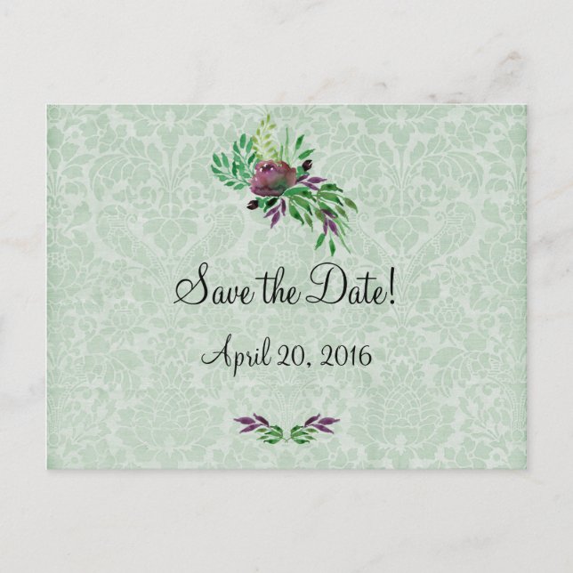 Postal De Anuncios Mint Green Damask Save the Date Postcard (Anverso)