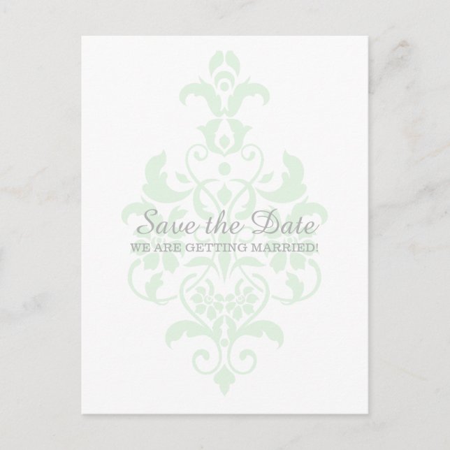 Postal De Anuncios Mint Green Subtle Damask Save the Date Postcard (Anverso)
