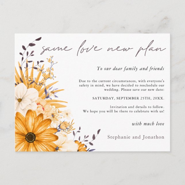 Postal De Anuncios Mismo Amor Nuevo Plan Fecha Boda Floral Gris Amari (Anverso)