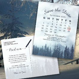 Postal De Anuncios Misty Blue Forest Wedding Guardar el calendario de