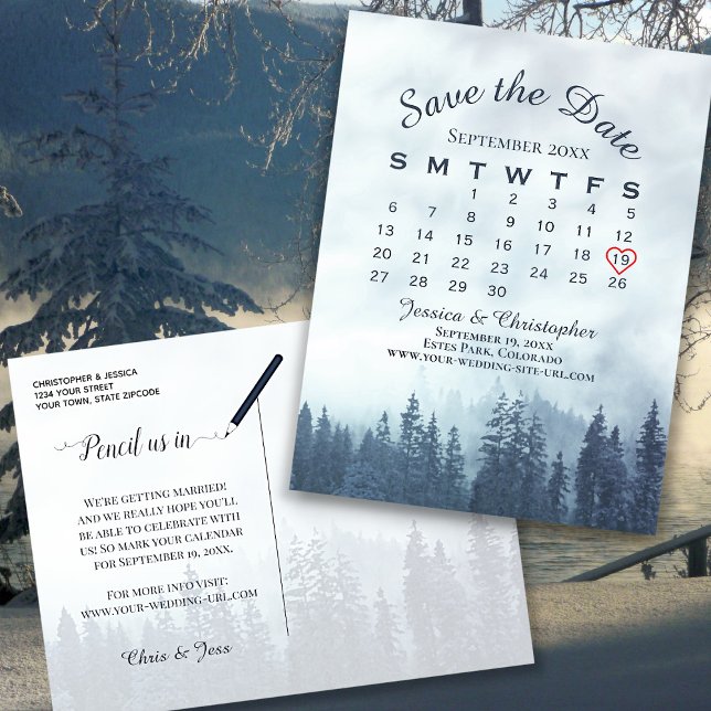 Postal De Anuncios Misty Blue Forest Wedding Guardar el calendario de (Front/Back)