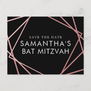 Postal De Anuncios Mitzvah de murciélago moderno rosa y negro salva l