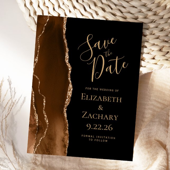 Postal De Anuncios Mocha Brown Gold Agate Black Save the Date (Subido por el creador)
