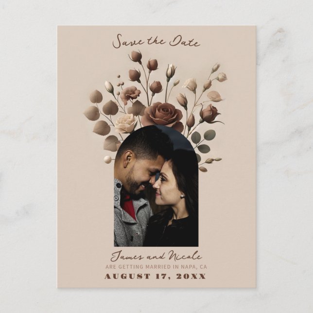 Postal De Anuncios Mocha Mousse Beige Marrón Floral Save The Date  (Anverso)