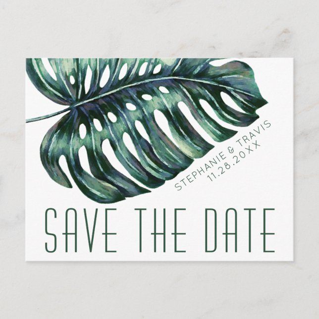 Postal De Anuncios Mod Tropics Monstera Leaf Save the Date Postcard (Anverso)