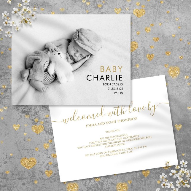 Postal De Anuncios Moda Fotográfica del Bebé Elegante Nacimiento de O (Baby Photo Chic Elegant Modern Gold Birth Announcement Postcard)