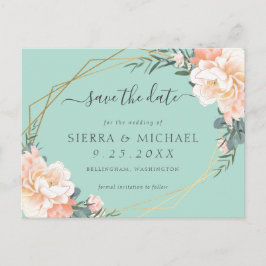 Postal De Anuncios Moda Mint Green Peach Gold Floral Save the Date