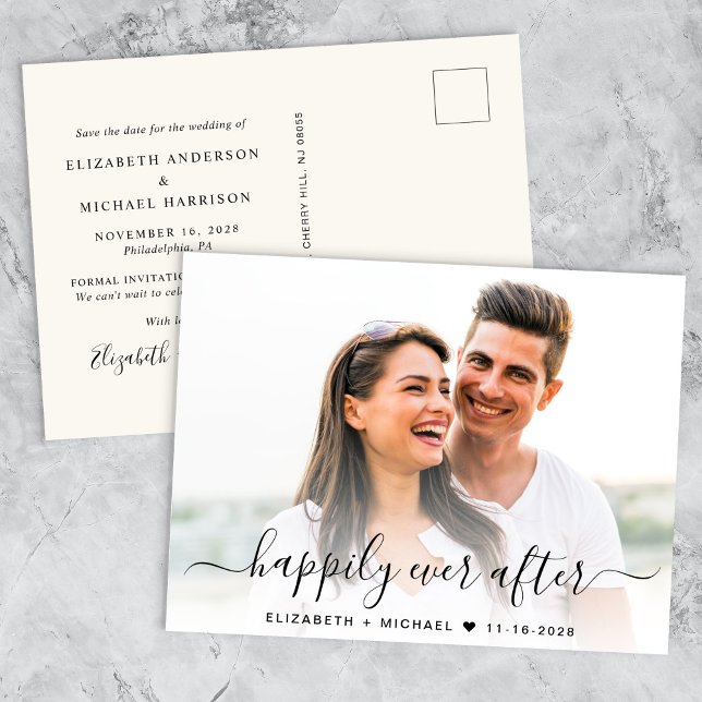 Postal De Anuncios Moda Script Foto Sobreposición Crema Guardar La Fe (A chic happily ever after photo save the date announcement)