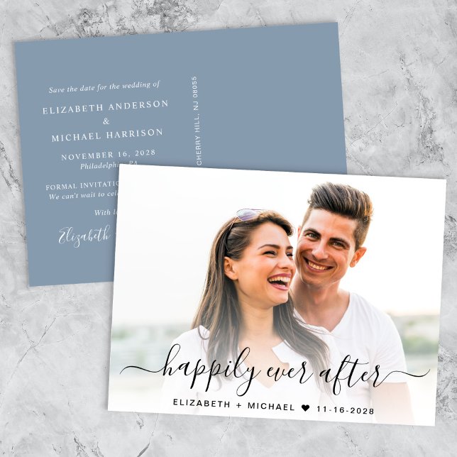Postal De Anuncios Moda Script Foto Superposición Dusty Azul Guardar  (A chic dusty blue happily ever after photo save the date announcement)