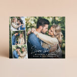 Postal De Anuncios Moda White Script Photo Wedding Guardar la fecha<br><div class="desc">Moda guardar la postal de fecha de anuncio que muestra su foto de compromiso con una tira de tres fotos cuadradas más pequeñas y "Save the Date" en un guión blanco elegante. Añada sus nombres, fecha de boda y ubicación en una tipografía blanca moderna y sencilla. En el reverso, personalice...</div>