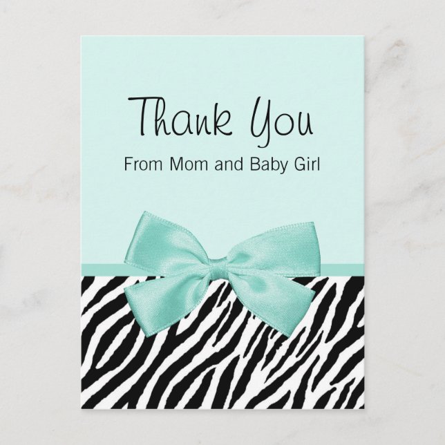 Postal De Anuncios Moda Zebra Fresca Mint Bow Baby Shower Gracias (Anverso)