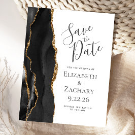 Postal De Anuncios Modern Agate Negro Oro Save the Date