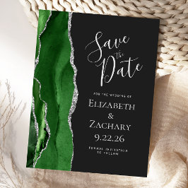 Postal De Anuncios Modern Agate Verde Plata Oscuro Save the Date