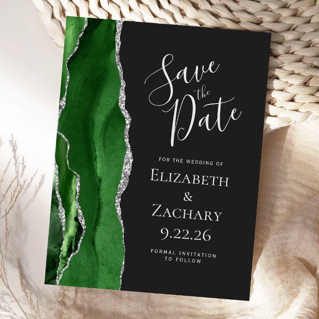 Postal De Anuncios Modern Agate Verde Plata Oscuro Save the Date (Subido por el creador)