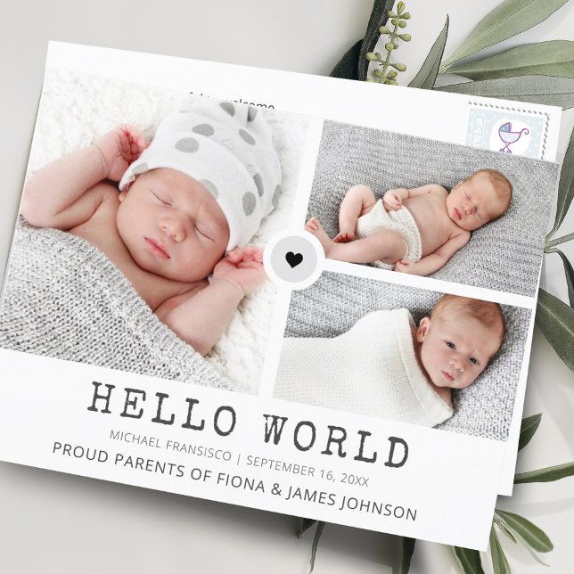 Postal De Anuncios Modern Hello World Photos Grid Collage Nacimiento (Subido por el creador)