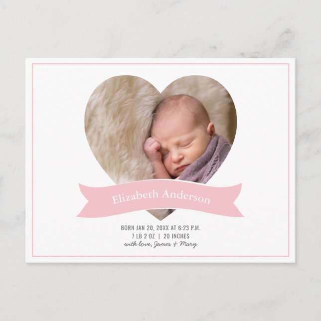Postal De Anuncios Modern Minimalist Baby Girl Photo Pink Birth (Anverso)