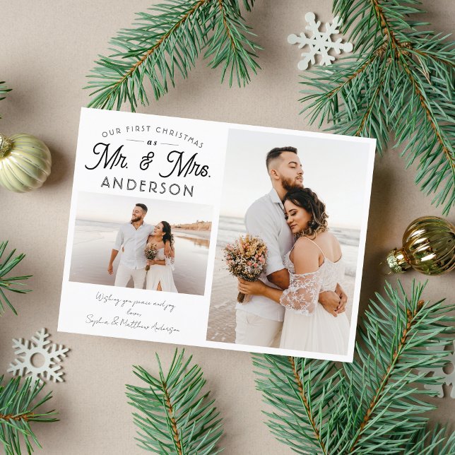 Postal De Anuncios Modern Our First Christmas Mr and Mrs Two Photo (Subido por el creador)