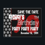 Postal De Anuncios Modern Save the Date 70th Birthday Party R201<br><div class="desc">Aquí está una moda guardar la postal de fecha en blanco y negro con acentos de rojo para una fiesta de cumpleaños número 70. ¡Diversión! Todo el texto es personalizable.</div>