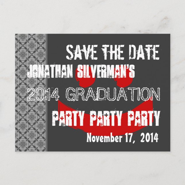 Postal De Anuncios Modern Save the Date Graduation Party Red Black (Anverso)