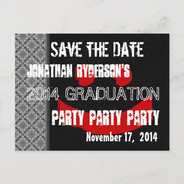 Postal De Anuncios Modern Save the Date Graduation Party Red Black V2 (Anverso)