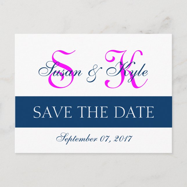Postal De Anuncios Modern Save the Date Navy Blue, Fuchsia (FF00FF) (Anverso)