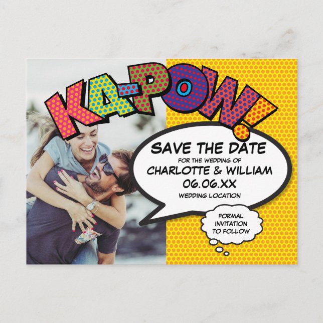 Postal De Anuncios Modern Save the Date Photo Comic Book KAPOW (Anverso)