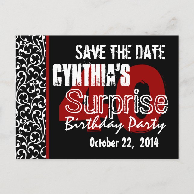 Postal De Anuncios Modern Save the Date Surprise 40th Black Red v51 (Anverso)