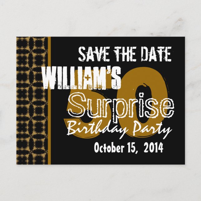 Postal De Anuncios Modern Save the Date Surprise 50th Gold y Black (Anverso)