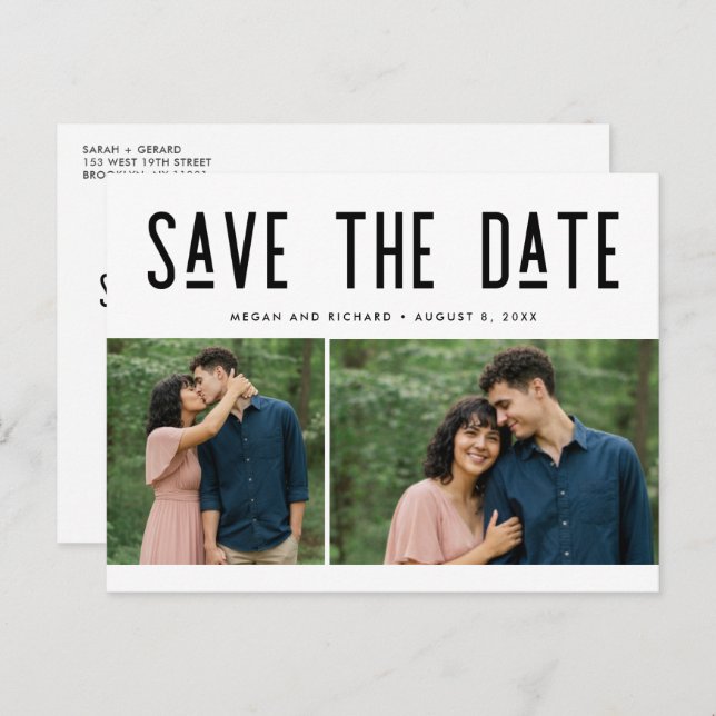 Postal De Anuncios Modern Two Photo Wedding Save the Date Postcard (Anverso / Reverso)