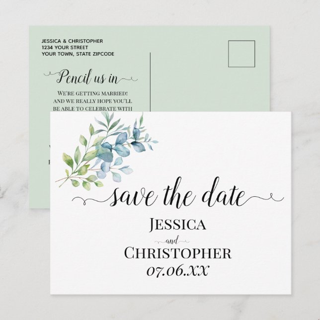 Postal De Anuncios Modern Watercolor Eucalyptus Greenery Wedding (Anverso / Reverso)