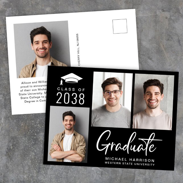 Postal De Anuncios Moderna 3 Foto Negrita Guión Negra Graduación (Cherish the milestone: share your graduate's achievement with a custom photo graduation announcement)
