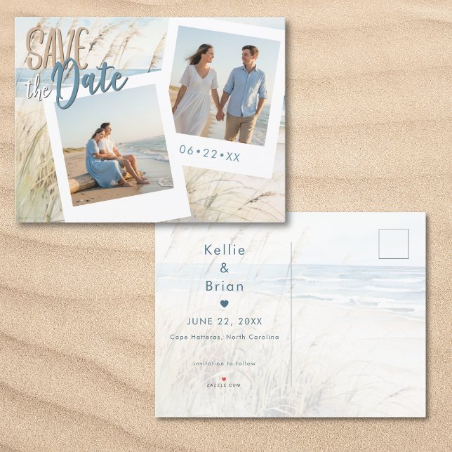 Postal De Anuncios Moderna Boda de fotografía de playa acuática coste (Modern Seaside Watercolor Beach Photo Save The Date Postcard)