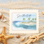 Postal De Anuncios Moderna escritura tropical de Ocean Beach salva la<br><div class="desc">Moderna escritura tropical de Ocean Beach Guardar la tarjeta postal del Boda del anuncio de fecha - Anuncie su fecha boda con nuestra elegante invitación de invitación a la playa de acuarela con un magnífico paisaje acuático tropical de playa. Una cálida playa de arena con agua turquesa y palmeras decoradas...</div>