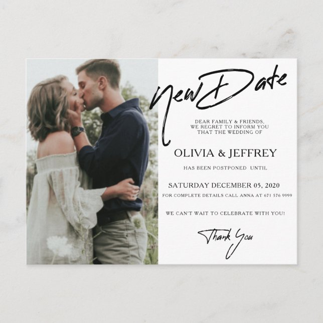 Postal De Anuncios Moderna Foto de Nueva Fecha de Boda (Anverso)
