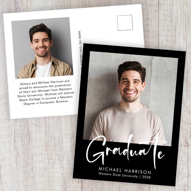 Postal De Anuncios Moderna negrita de escritura foto graduación en ne (Modern White Script Black Photo Graduation Announcement Postcard)