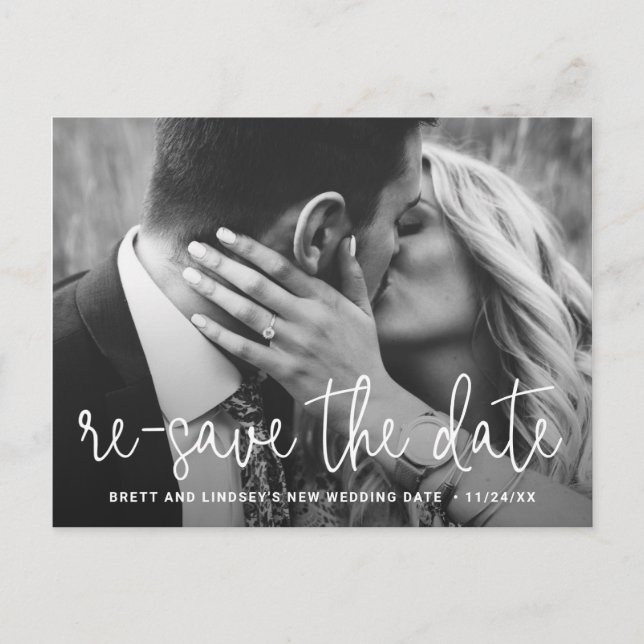 Postal De Anuncios Moderna Postergación de Boda con Letra Fina de Fot (Anverso)
