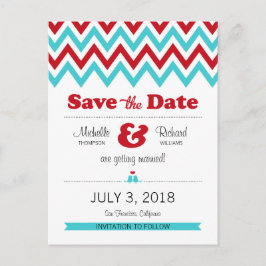 Postal De Anuncios Moderno Aqua Chevron & Lovebirds Salven la fecha