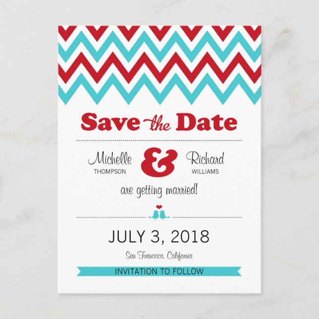 Postal De Anuncios Moderno Aqua Chevron & Lovebirds Salven la fecha (Anverso)