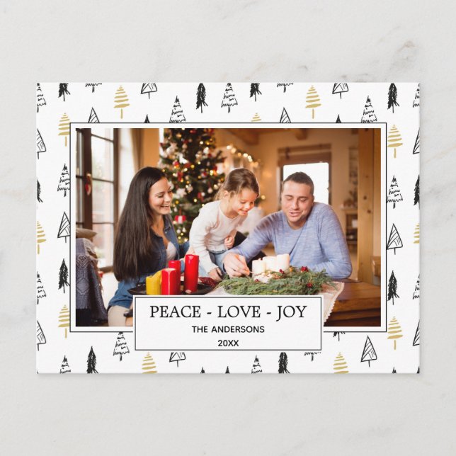 Postal De Anuncios Moderno Black & Gold Peace Love Joy Árbol de Navid (Anverso)