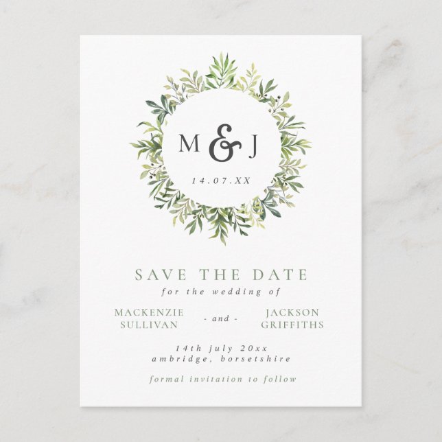 Postal De Anuncios Moderno Boda de monograma Wreath de la vegetación  (Anverso)